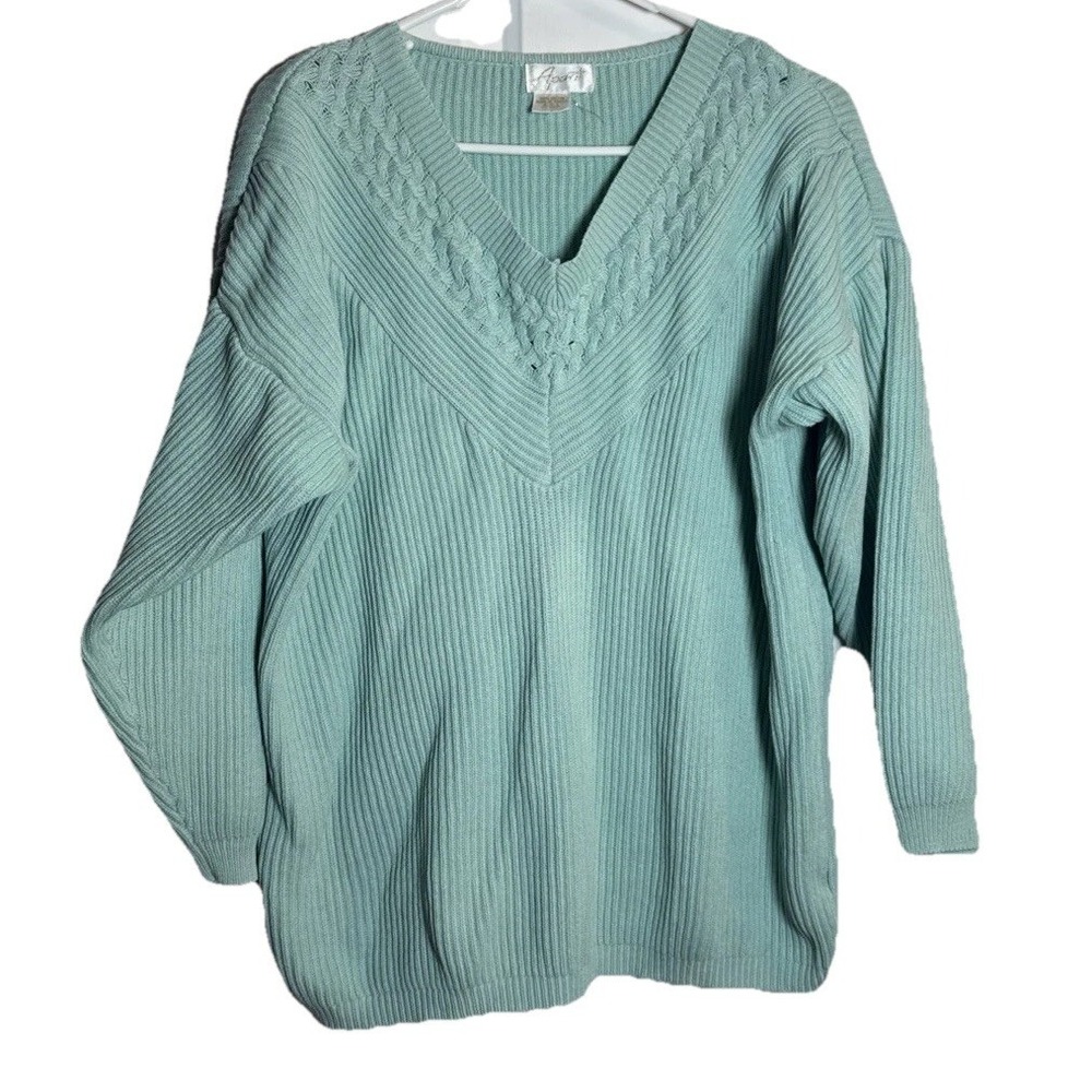 Vintage Apart Sweater Women's L Aqua Blue‎ Cable Knit Cotton V-Neck Taiwan 80s